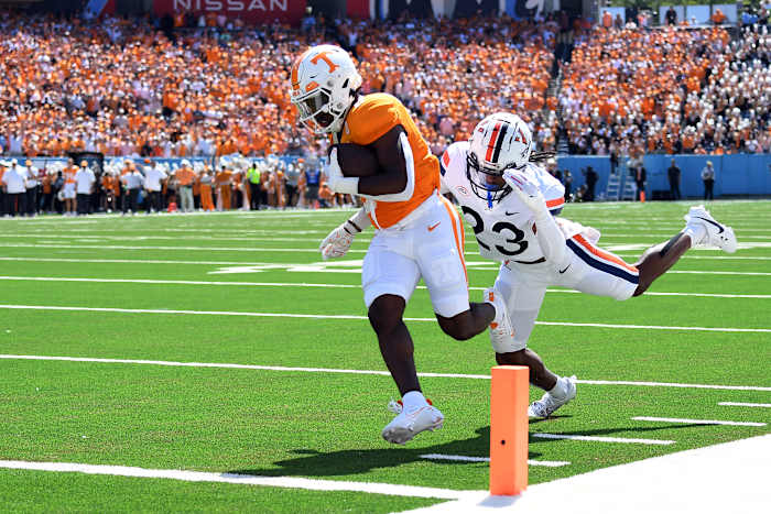 Tennessee Volunteers RB Dylan Sampson scoring a touchdown against Virginia on September 2nd, 2023, in Nashville, Tennessee. (Photo by Christopher Hanewinckel of USA Today Sports)